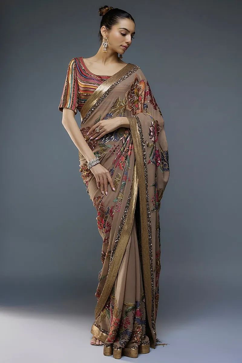 Image Brij Mohan image beautiful image beautiful image beautiful image beautiful image beautiful image beautiful image beautiful image beautiful - Brown Chiffon Floral Thread Embroidered Saree Set by Nakul Sen at ...