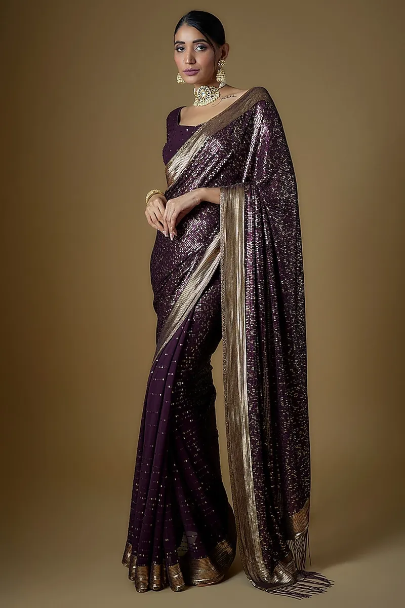 Image Brij Mohan image beautiful image beautiful image beautiful image beautiful image beautiful image beautiful image beautiful image beautiful - Aubergine Chiffon Embroidered Saree Set by Nakul Sen at Pernia's ...