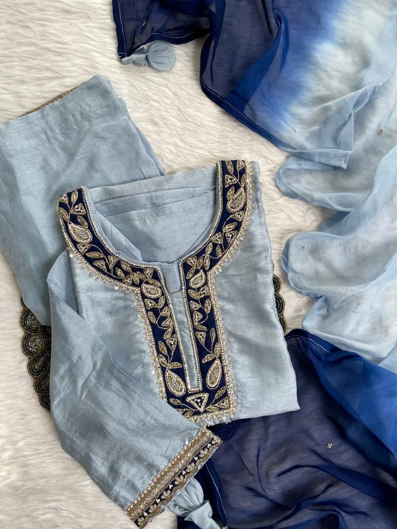 Image Chanda image beautiful - Chanda” Beautiful blue shade Handwork kurta set – Libaas king