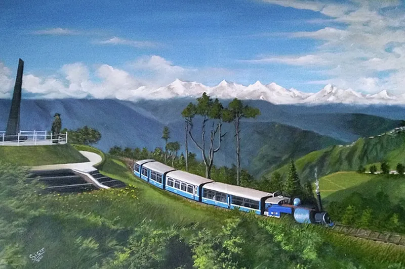 Image Darjeeling - Toy Train image beautiful image beautiful - Hand-drawn Acrylic painting of Darjeeling Toy train and Mt ...