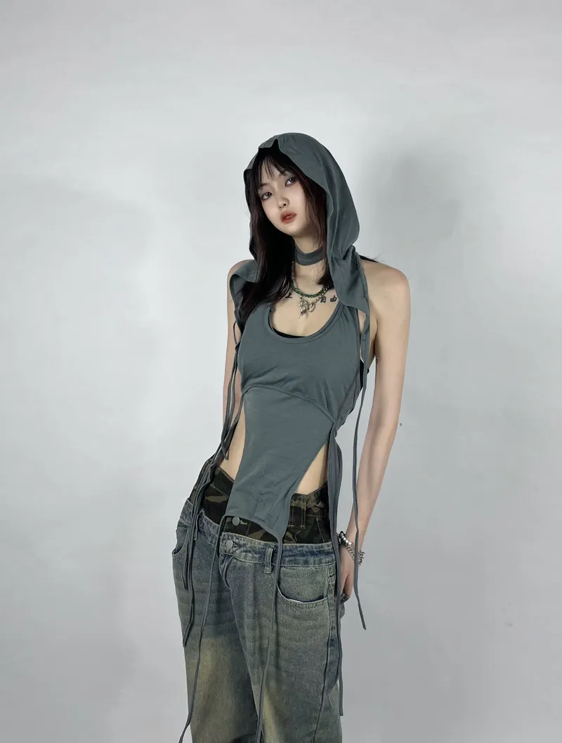 Image HyunA image beautiful image beautiful image beautiful image beautiful - Grey Irregular Layered Tie Top | Hyuna - Fashion Chingu