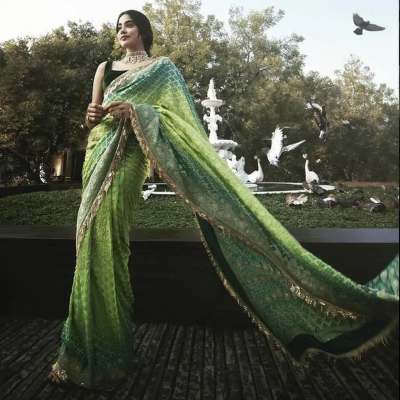 Image Janhvi Kapoor image beautiful image beautiful image beautiful image beautiful - Janhvi Kapoor in a beautiful blue-green Bandhani saree by Manish ...