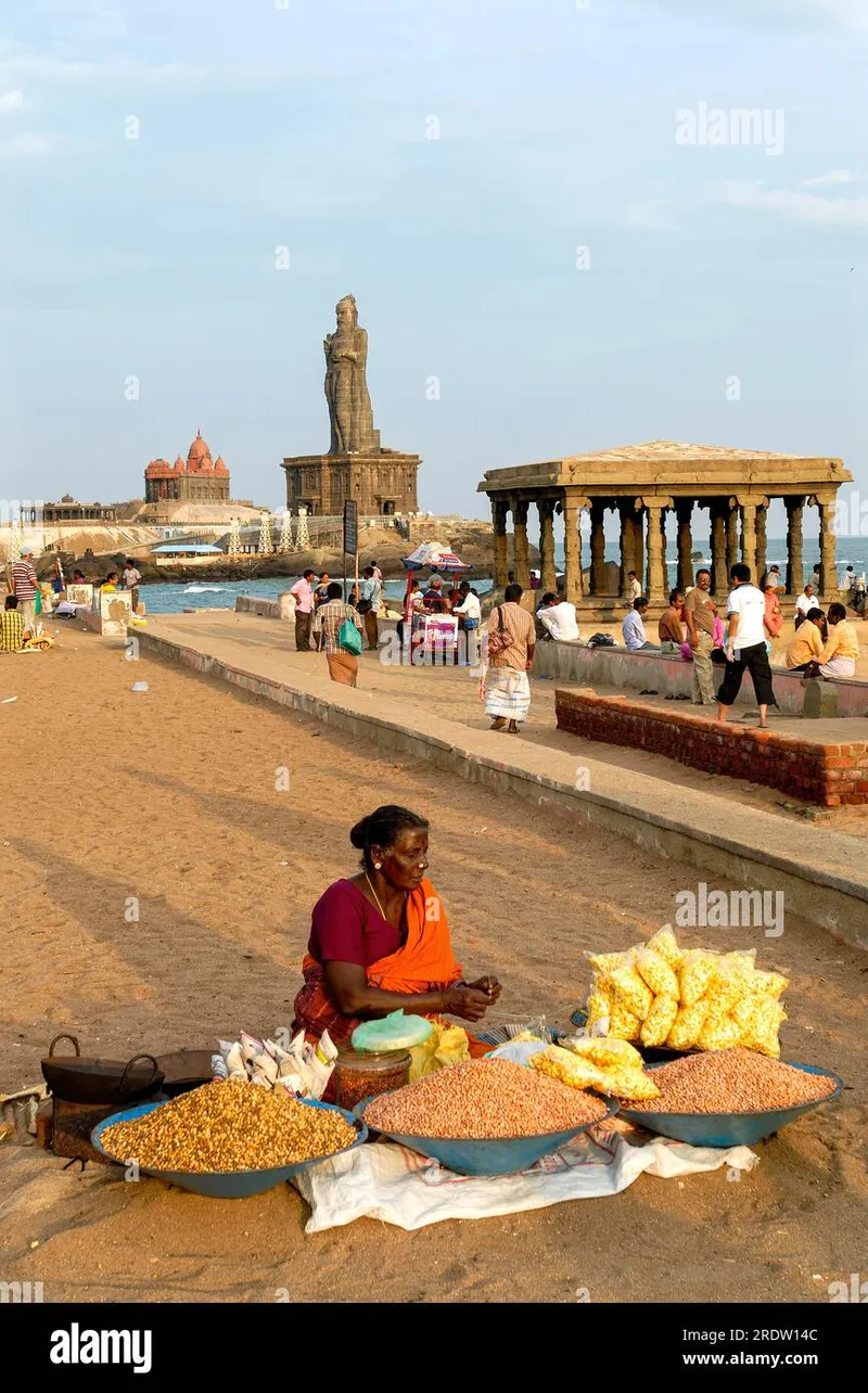 Image Kanyakumari - Southern Tip of India image beautiful - A small shop on beach behind Vivekananda Rock Memorial and Tamil ...