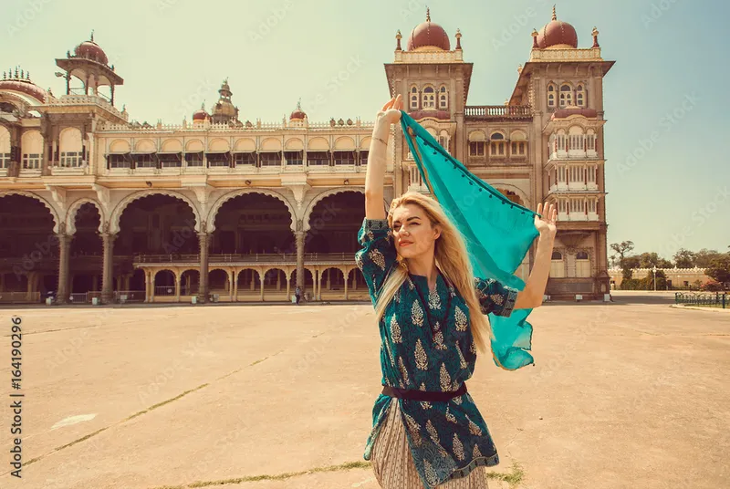 Image Mysore - Mysore Palace image beautiful image beautiful image beautiful - Beautiful happy woman with headscarf dancing around building with ...