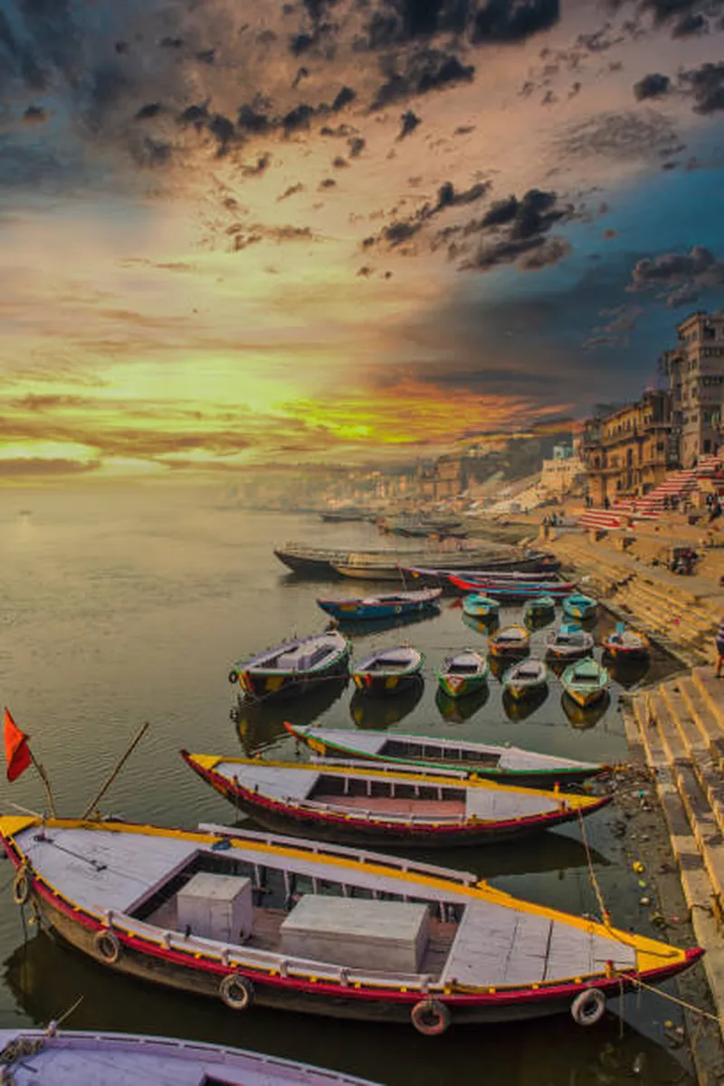 Image Varanasi - Ghats of the Ganges image beautiful - Wooden Boats Lined Up On The Ghats Of Varanasi Early Morning Stock ...