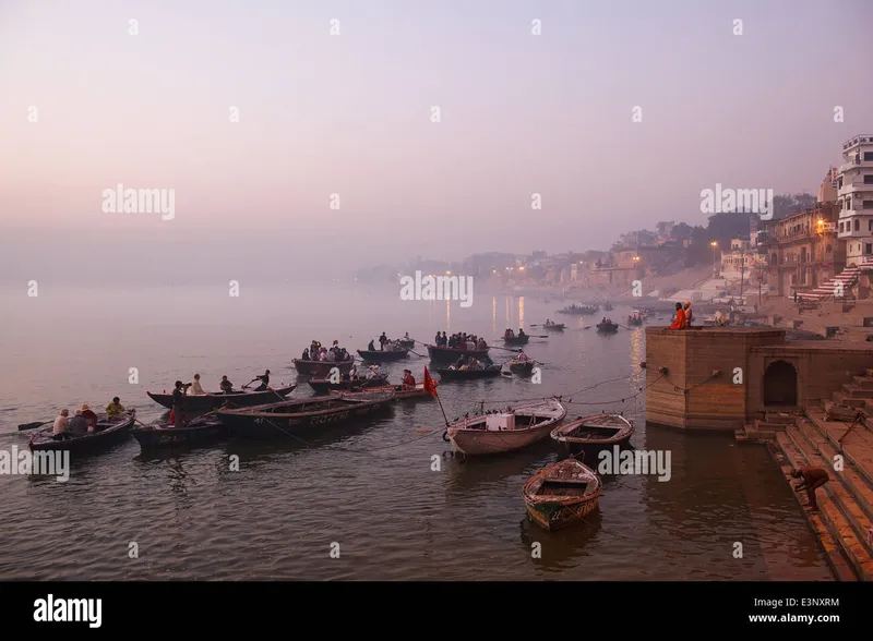 Image Varanasi - Ghats of the Ganges image beautiful - Tourist boats at beautiful sunrise early morning on the ghats ...